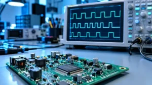 DPWM meaning shown through a circuit board and oscilloscope displaying digital pulse width modulation waveforms