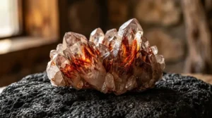 Fire quartz meaning shown through a raw crystal with natural red hematite streaks