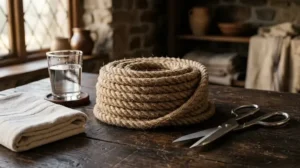Rope bunny meaning explained: natural jute rope coils and safety shears on a wooden table