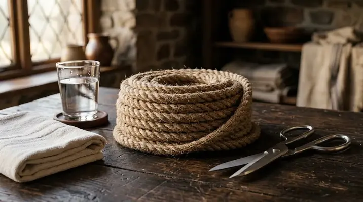 Rope bunny meaning explained: natural jute rope coils and safety shears on a wooden table