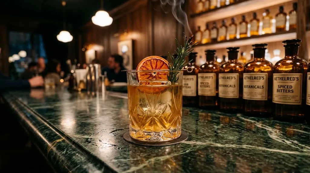 A luxury crystal glass containing an amber zero proof cocktail garnished with charred orange on a dark marble bar counter.