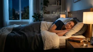 Person sleeping peacefully beside a dream notebook, representing the dreammeaniing.com USA dream meanings guide