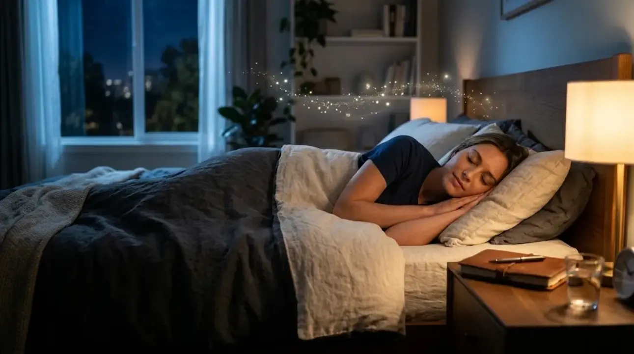 Person sleeping peacefully beside a dream notebook, representing the dreammeaniing.com USA dream meanings guide