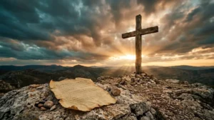 Wooden cross at sunrise with an ancient Greek scroll illustrating the tetelestai meaning