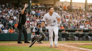Batter jogging to first base after ball four, showing what does BB mean in baseball