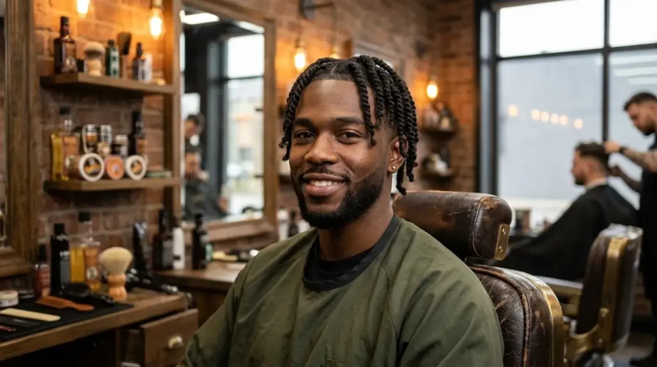 Young Black man showcasing fresh two strand twist men hairstyle with sharp fade at modern barbershop
