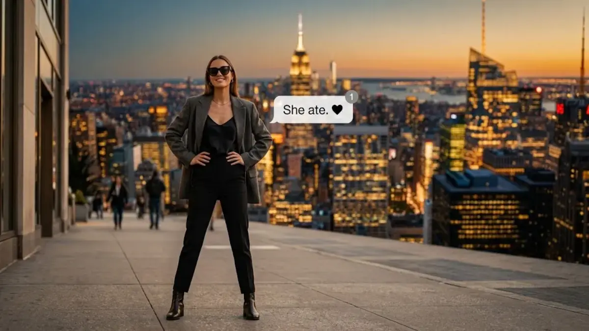 Confident woman posing stylishly on a city street representing what does ate mean in slang, the viral phrase for excellence