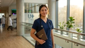 Confident nurse holding diploma in hospital hallway representing bsn meaning and career growth