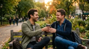 Two close friends laughing together on a park bench during golden hour while sharing coffee