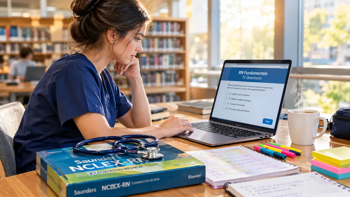 rn fundamentals 2016 70 questions practice exam on laptop with nursing textbooks and stethoscope on desk