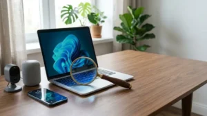 Magnifying glass over a laptop and smart home devices, representing a fact check of tech guru wavetechglobal